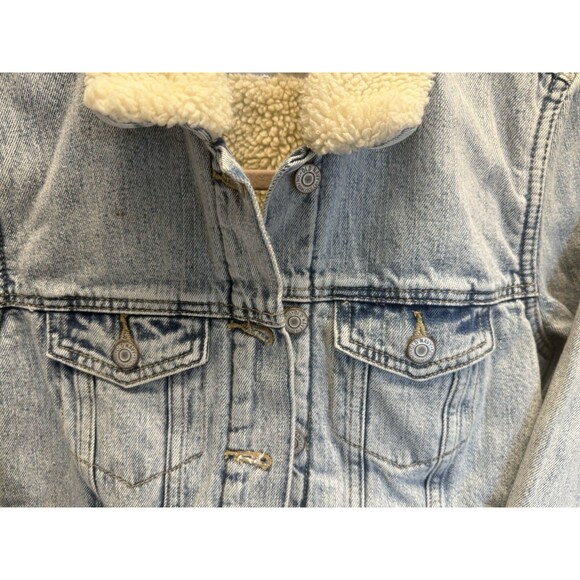 Old Navy Womens Denim Jacket Petite SM Sherpa Lining Flap Pockets Western - Picture 8 of 14